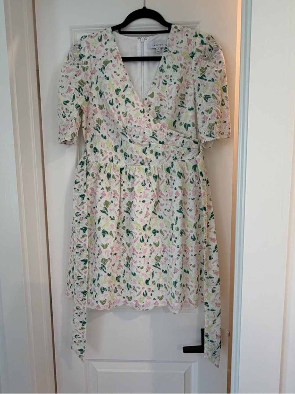 Adelyn Rae Cream Floral Wrap Dress with Pink and Green Print
